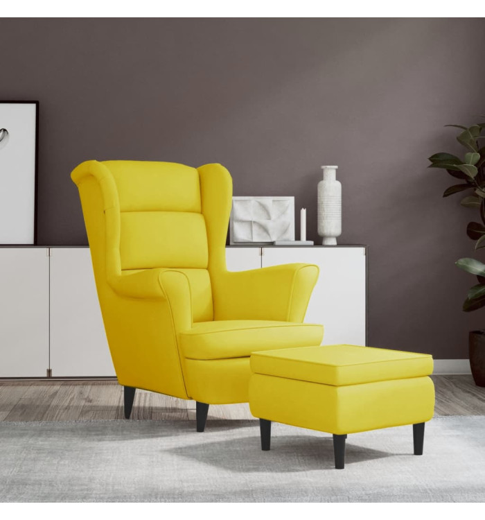Fauteuil à oreilles avec tabouret jaune moutarde velours | Mobilier & Déco