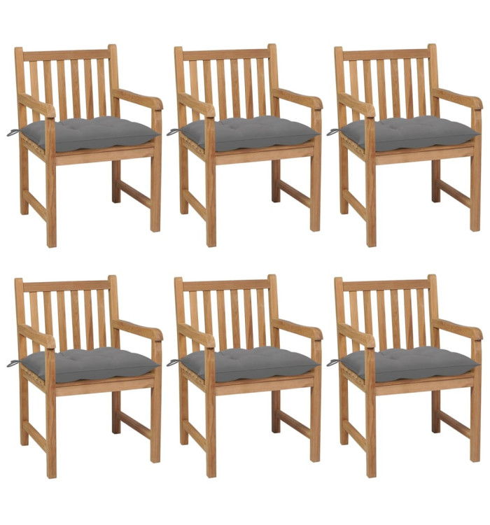 Chaises de jardin lot de 6 et coussins gris Bois de teck solide | Mobilier & Déco