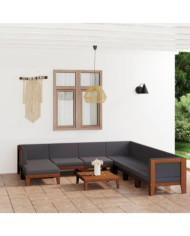 Salon de jardin 9 pcs avec coussins Bois d'acacia solide | Mobilier & Déco