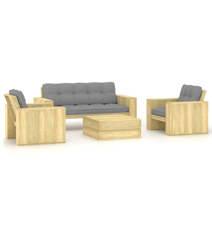 Salon de jardin 4 pcs avec coussins bois de pin imprégné | Mobilier & Déco