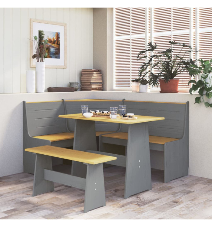 Banc d'angle REINE 151cm marron miel et gris bois de pin solide | Mobilier & Déco