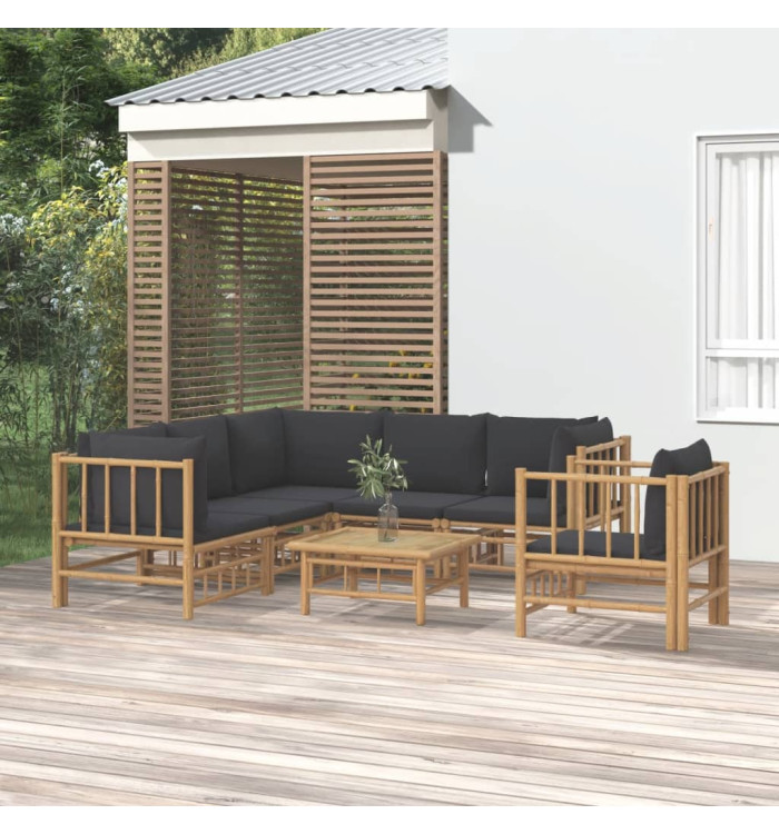Salon de jardin 7 pcs avec coussins gris foncé bambou | Mobilier & Déco