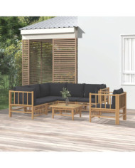 Salon de jardin 7 pcs avec coussins gris foncé bambou | Mobilier & Déco