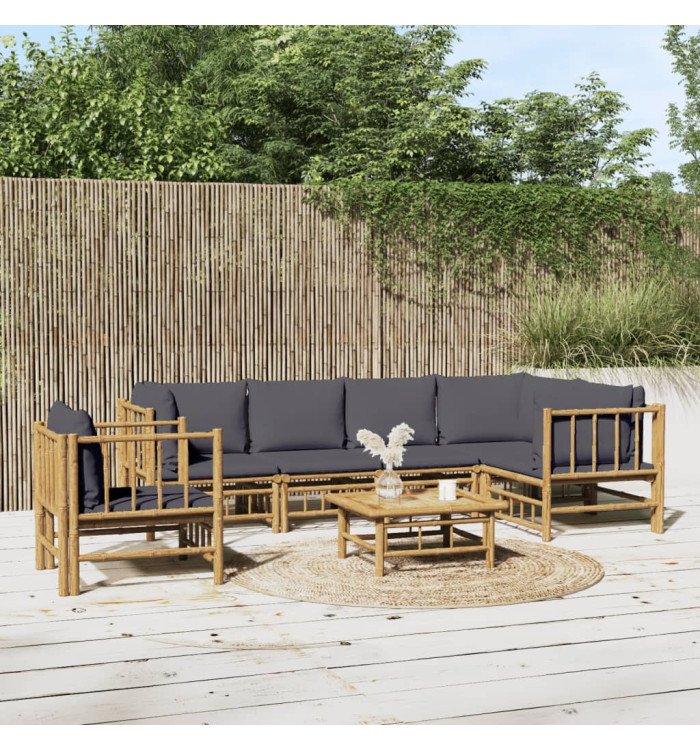 Salon de jardin 7 pcs avec coussins gris foncé bambou | Mobilier & Déco