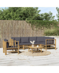 Salon de jardin 7 pcs avec coussins gris foncé bambou | Mobilier & Déco