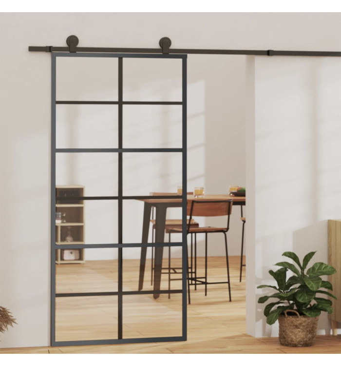 Porte coulissante Verre ESG et aluminium 90x205 cm Noir | Mobilier & Déco