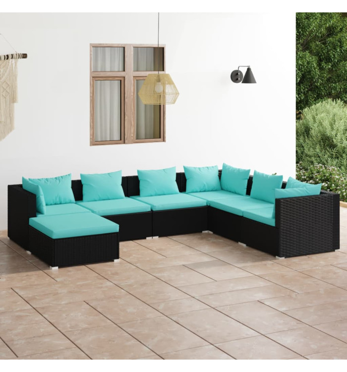 Salon de jardin 7 pcs avec coussins Résine tressée Noir | Mobilier & Déco
