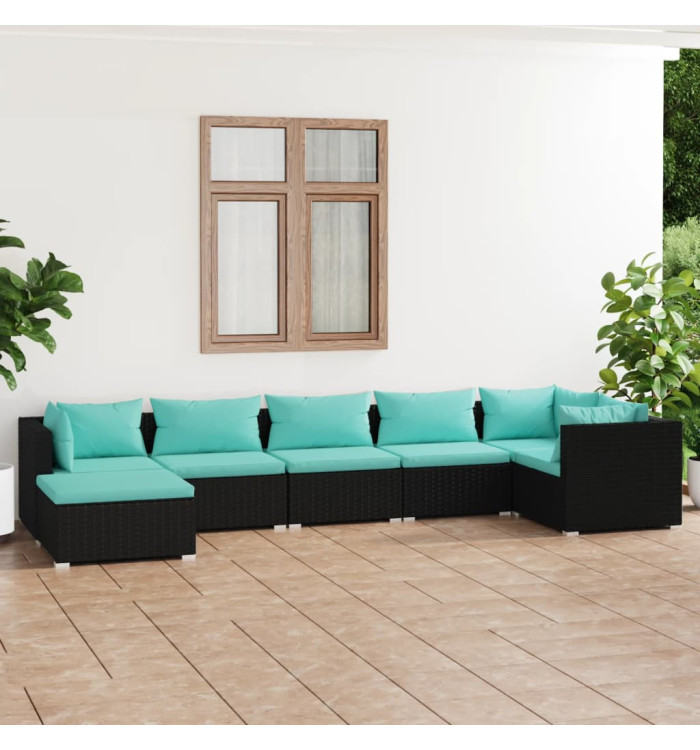 Salon de jardin 7 pcs avec coussins Résine tressée Noir | Mobilier & Déco