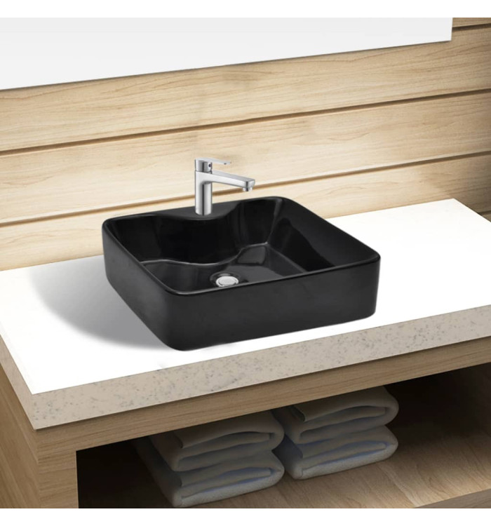 Vasque carrée à trou pour robinet céramique Noir pour salle de bain | Mobilier & Déco