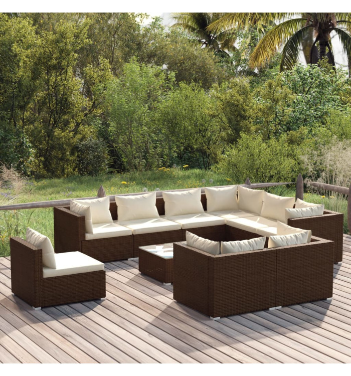 Salon de jardin 10 pcs avec coussins Résine tressée Marron | Mobilier & Déco