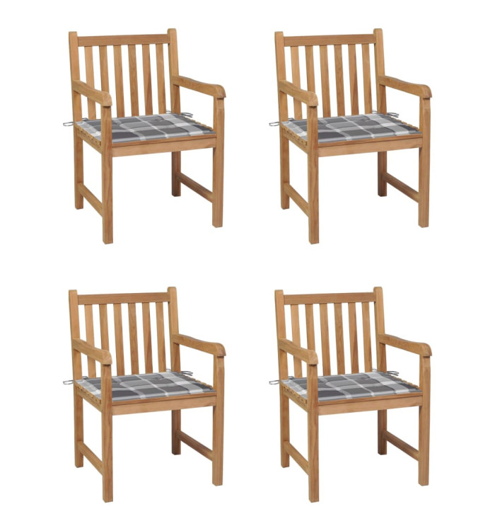 Chaises de jardin lot de 4 coussins à carreaux gris Teck solide | Mobilier & Déco