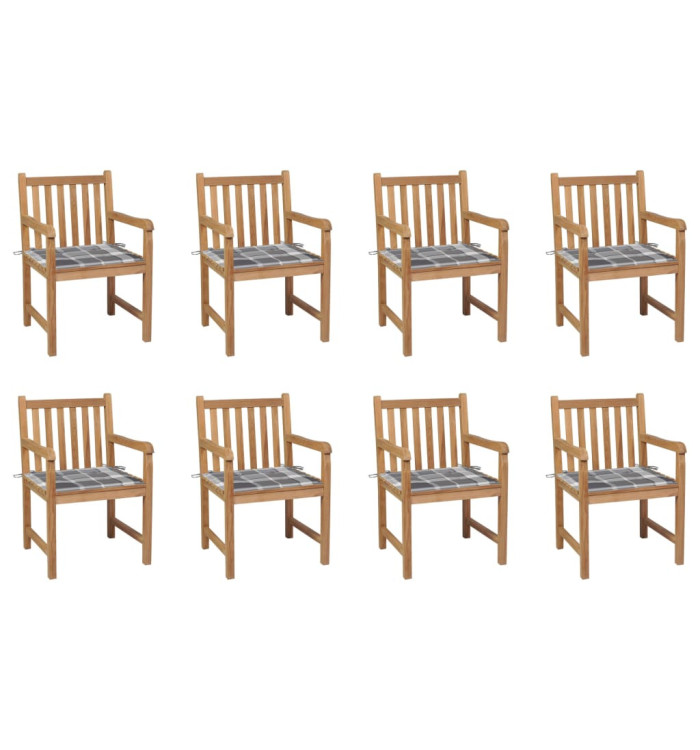 Chaises de jardin lot de 8 et coussins carreaux gris Bois teck | Mobilier & Déco