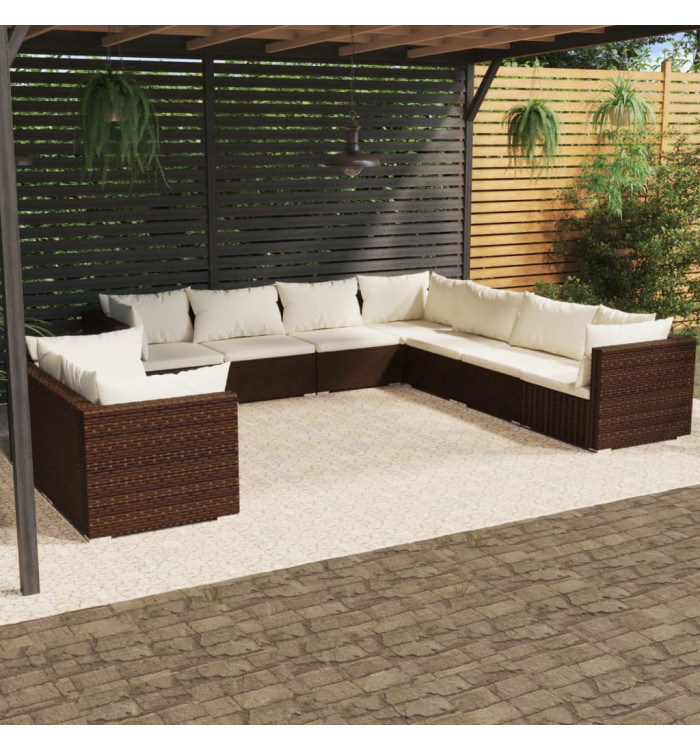 Salon de jardin avec coussins 9 pcs marron résine tressée | Mobilier & Déco