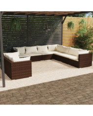 Salon de jardin avec coussins 9 pcs marron résine tressée | Mobilier & Déco