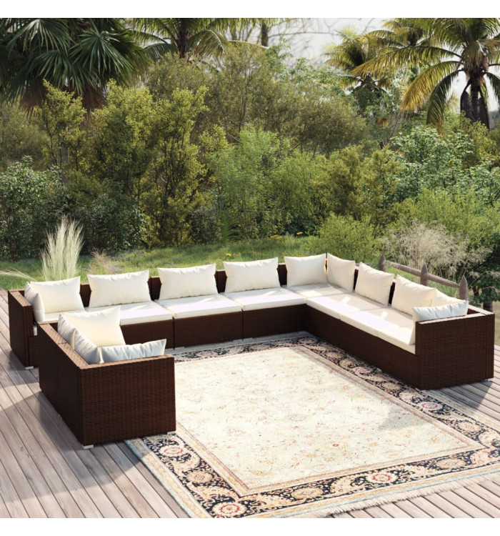 Salon de jardin 10 pcs avec coussins marron résine tressée | Mobilier & Déco