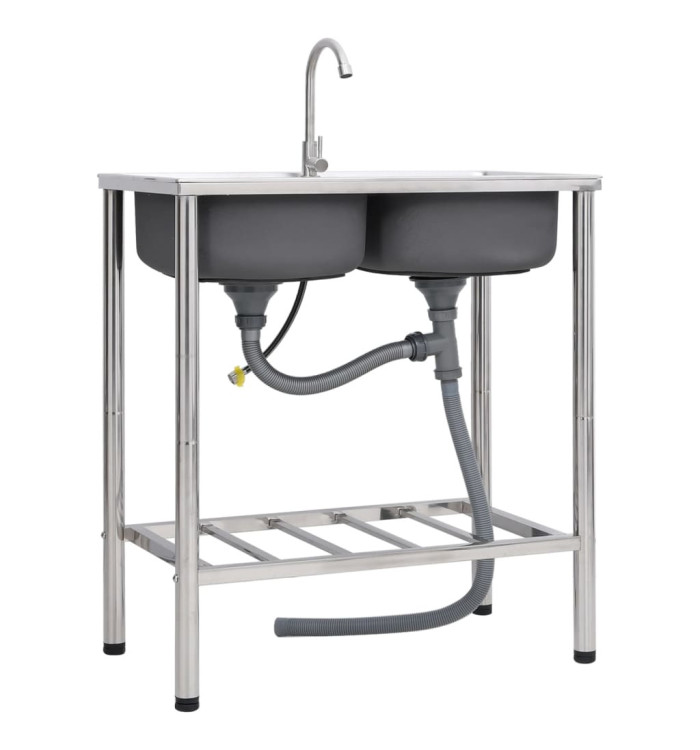 Évier de camping Double lavabo avec robinet Acier inoxydable | Mobilier & Déco