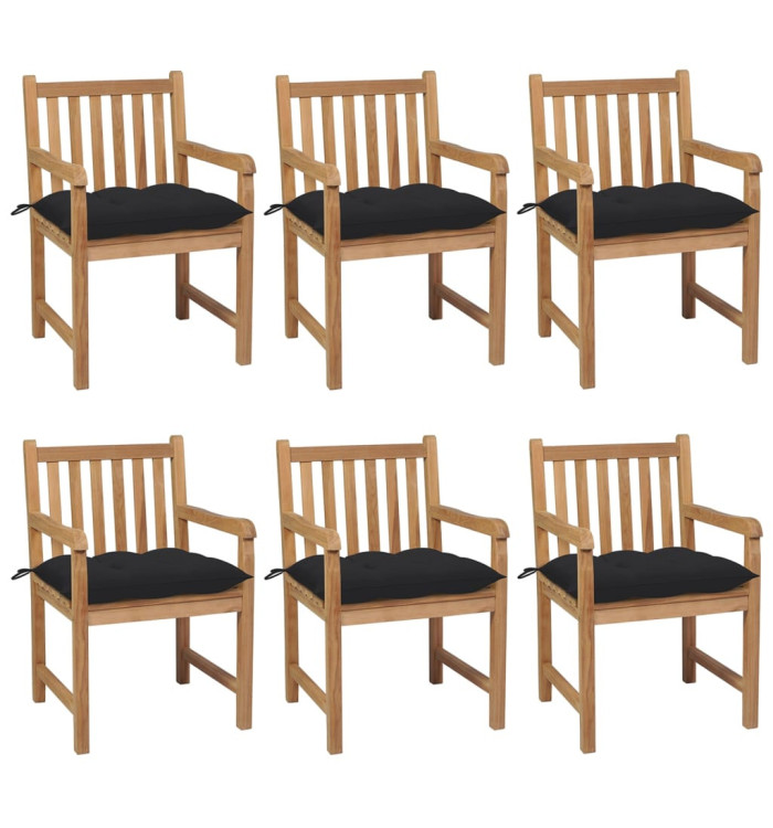 Chaises de jardin lot de 6 et coussins noir Bois de teck solide | Mobilier & Déco