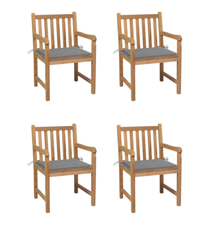 Chaises de jardin lot de 4 et coussins gris Bois de teck solide | Mobilier & Déco