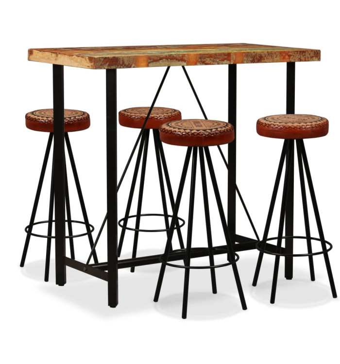 Ensemble de bar 5 pcs Bois de récupération Cuir véritable et toile | Mobilier & Déco