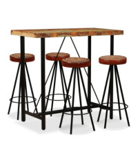 Ensemble de bar 5 pcs Bois de récupération Cuir véritable et toile | Mobilier & Déco