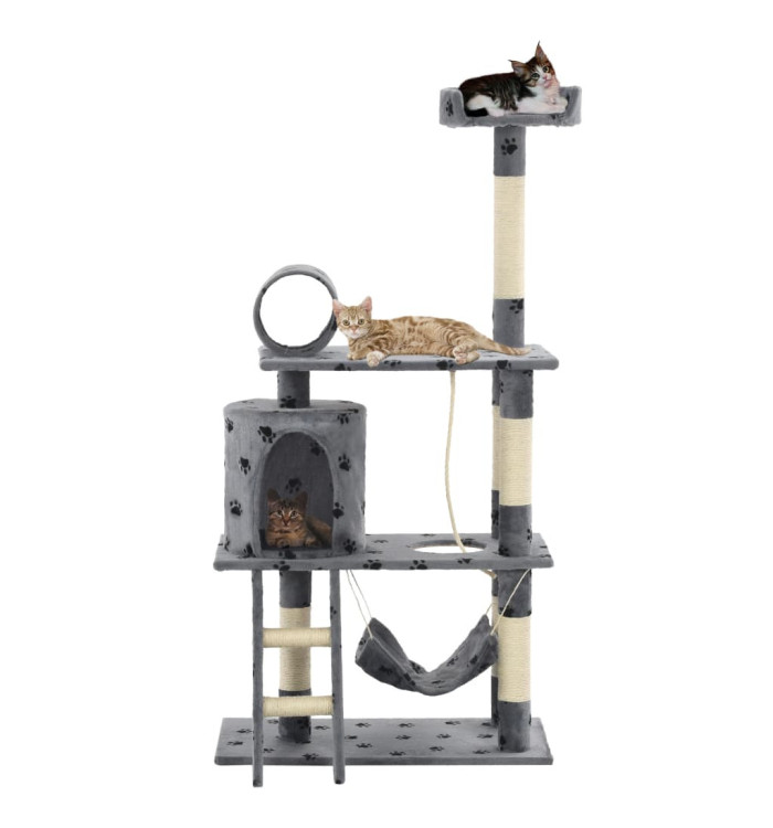 Arbre à chat avec griffoir en sisal 140 cm Gris Motif de pattes | Mobilier & Déco