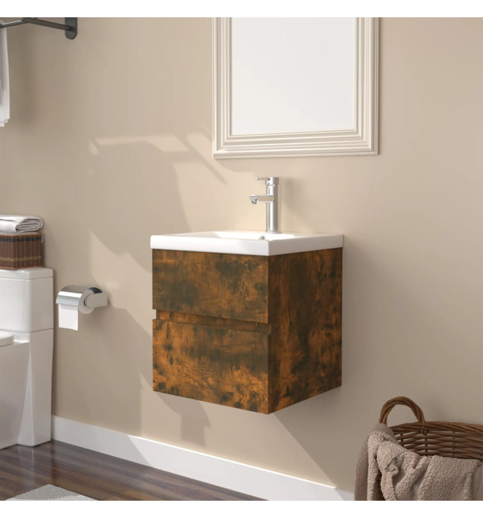 Meuble lavabo avec bassin intégré Chêne fumé Bois d'ingénierie | Mobilier & Déco