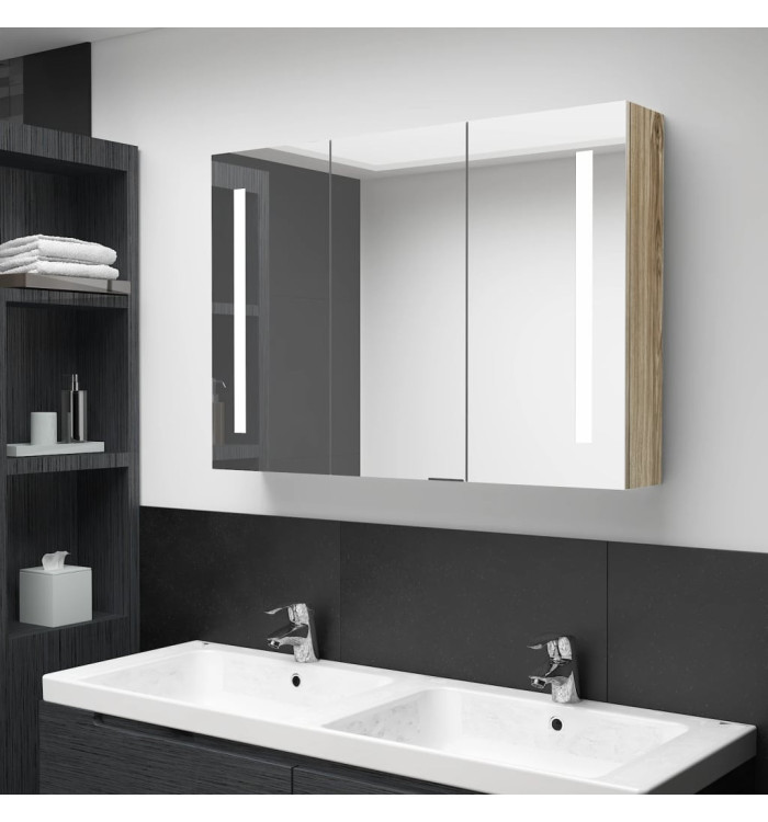Armoire de salle de bain à miroir LED 89x14x62 cm chêne | Mobilier & Déco