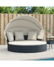 Lit de repos d'extérieur avec auvent et coussins résine tressée | Mobilier & Déco