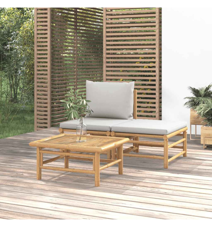 Salon de jardin 3 pcs avec coussins gris clair bambou | Mobilier & Déco