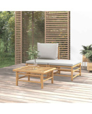 Salon de jardin 3 pcs avec coussins gris clair bambou | Mobilier & Déco