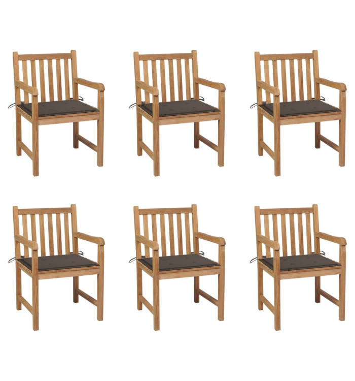 Chaises de jardin lot de 6 et coussins taupe Bois teck massif | Mobilier & Déco