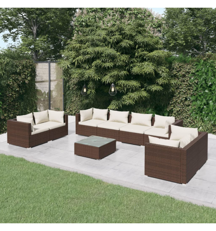 Salon de jardin 9 pcs avec coussins Résine tressée Marron | Mobilier & Déco