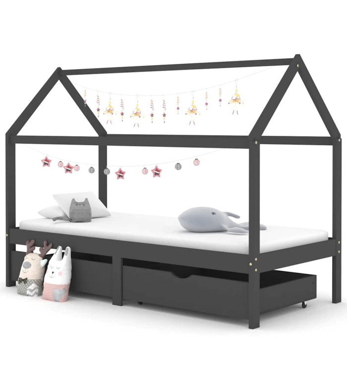 Cadre de lit d'enfant avec tiroirs Gris foncé Pin 90x200 cm | Mobilier & Déco