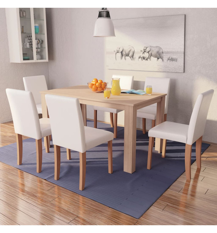 Table et chaises 7 pcs Cuir synthétique Chêne Couleur crème | Mobilier & Déco