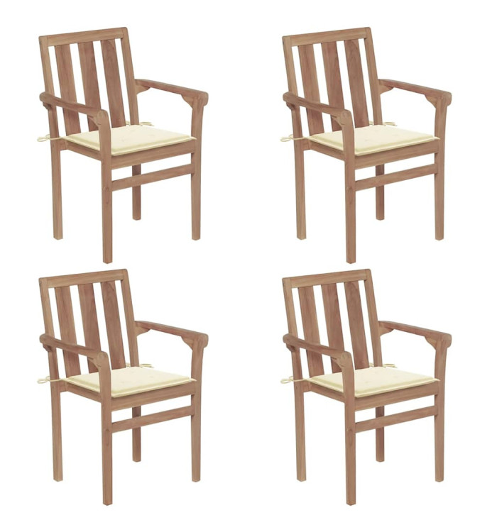 Chaises de jardin empilables avec coussins lot de 4 Teck solide | Mobilier & Déco