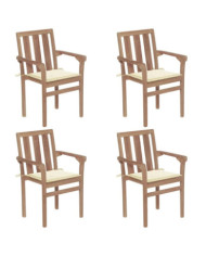 Chaises de jardin empilables avec coussins lot de 4 Teck solide | Mobilier & Déco