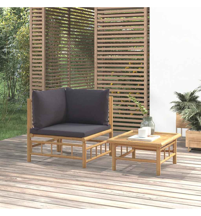 Salon de jardin 2 pcs avec coussins gris foncé bambou | Mobilier & Déco