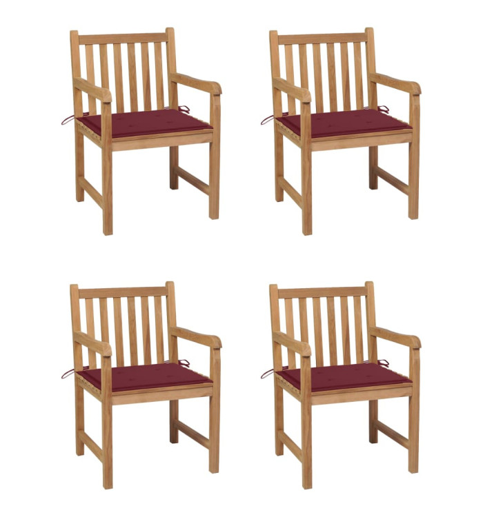 Chaises de jardin lot de 4 avec coussins bordeaux Teck solide | Mobilier & Déco