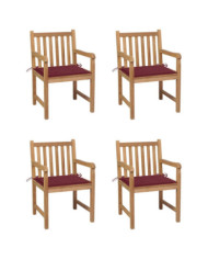 Chaises de jardin lot de 4 avec coussins bordeaux Teck solide | Mobilier & Déco