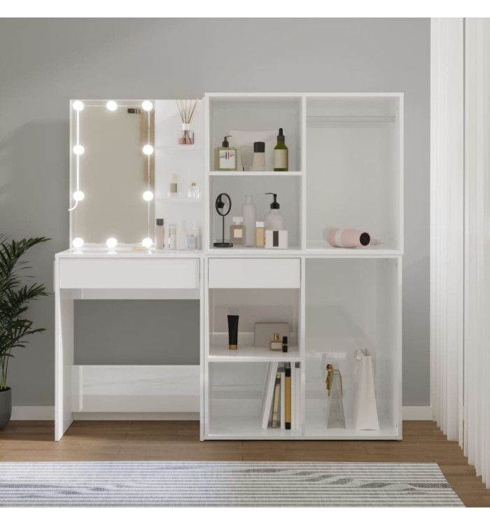 Coiffeuse à LED et 2 armoires Blanc brillant Bois d'ingénierie | Mobilier & Déco
