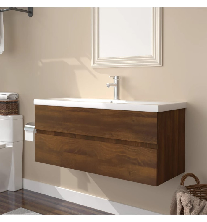 Meuble lavabo avec bassin intégré Chêne brun Bois d'ingénierie | Mobilier & Déco