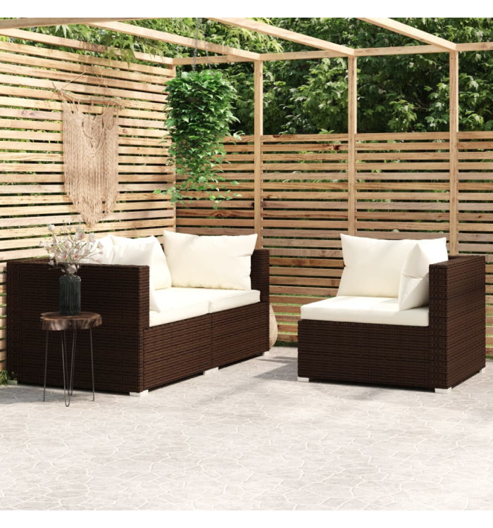 Salon de jardin 3 pcs avec coussins Marron Résine tressée | Mobilier & Déco