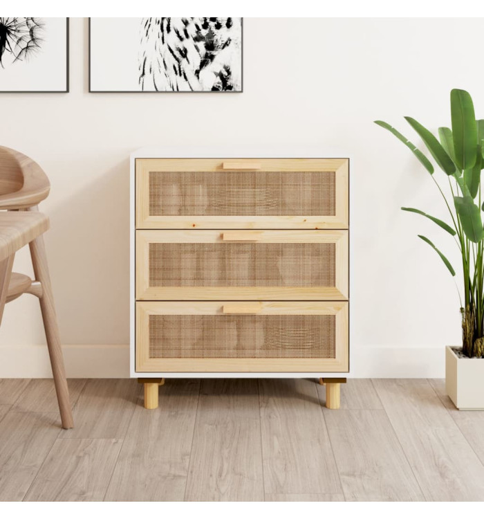 Buffet Blanc 60x30x70 cm Bois de pin massif et rotin naturel | Mobilier & Déco