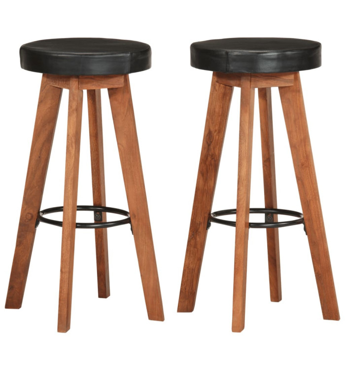 Tabourets de bar 2 pcs Cuir véritable et bois d'acacia solide | Mobilier & Déco