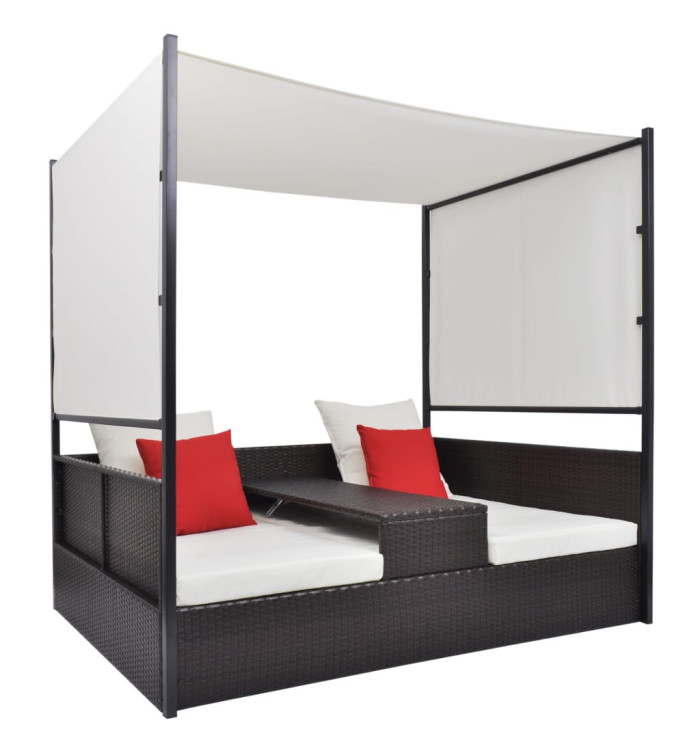 Lit de jardin avec auvent Marron 190x130 cm Résine tressée | Mobilier & Déco