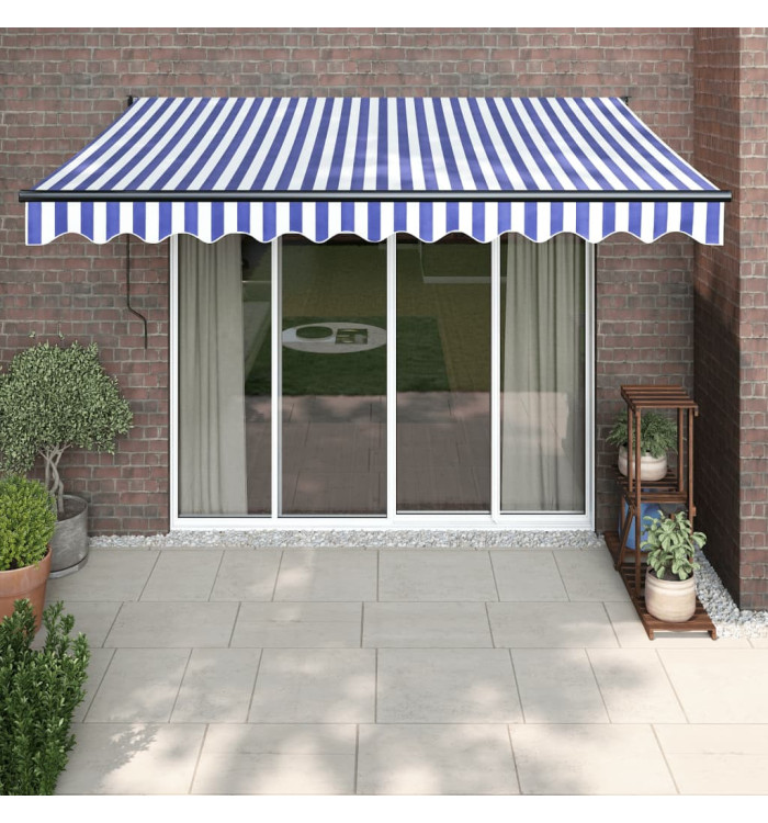 Auvent rétractable bleu et blanc 3,5x2,5 m tissu et aluminium | Mobilier & Déco