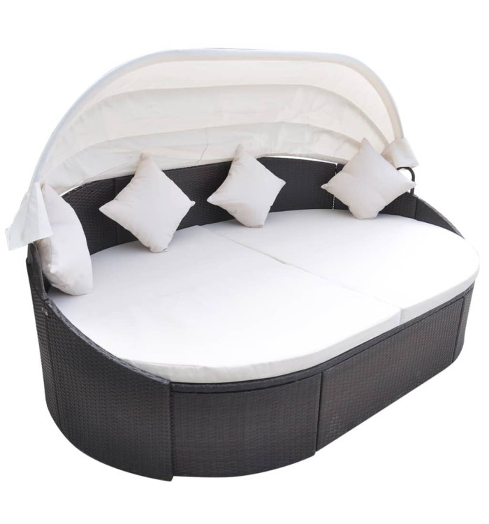 Chaise longue de jardin avec auvent Résine tressée Marron | Mobilier & Déco