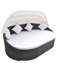 Chaise longue de jardin avec auvent Résine tressée Marron | Mobilier & Déco
