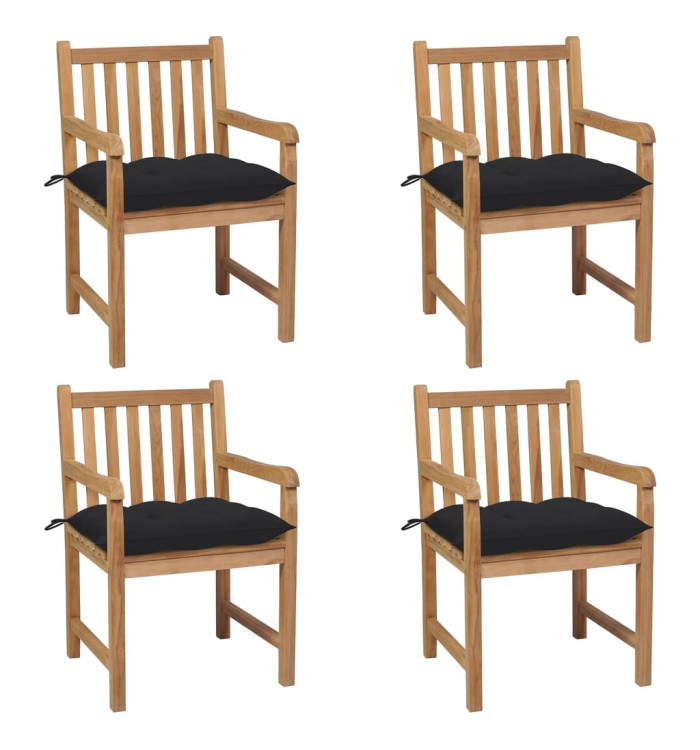 Chaises de jardin lot de 4 et coussins noir Bois de teck solide | Mobilier & Déco
