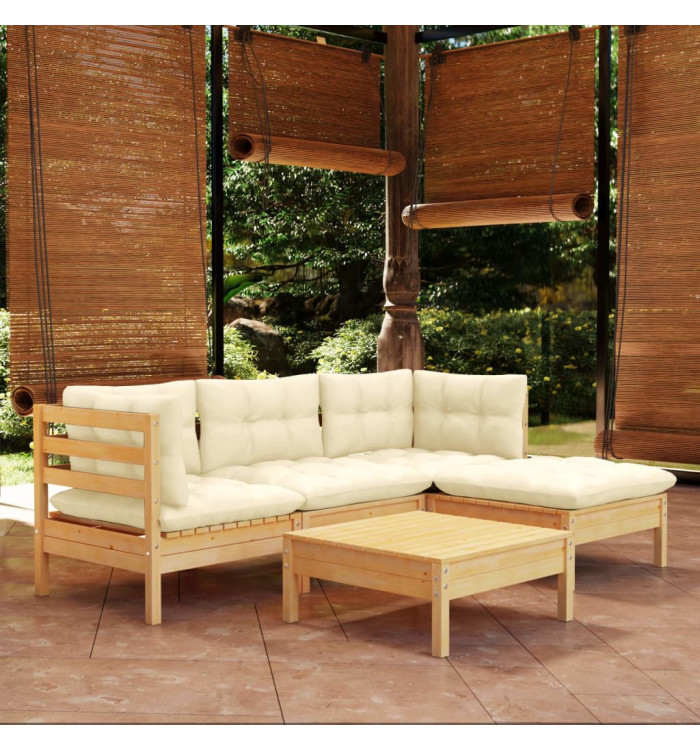 Salon de jardin 5 pcs avec coussins crème bois de pin | Mobilier & Déco